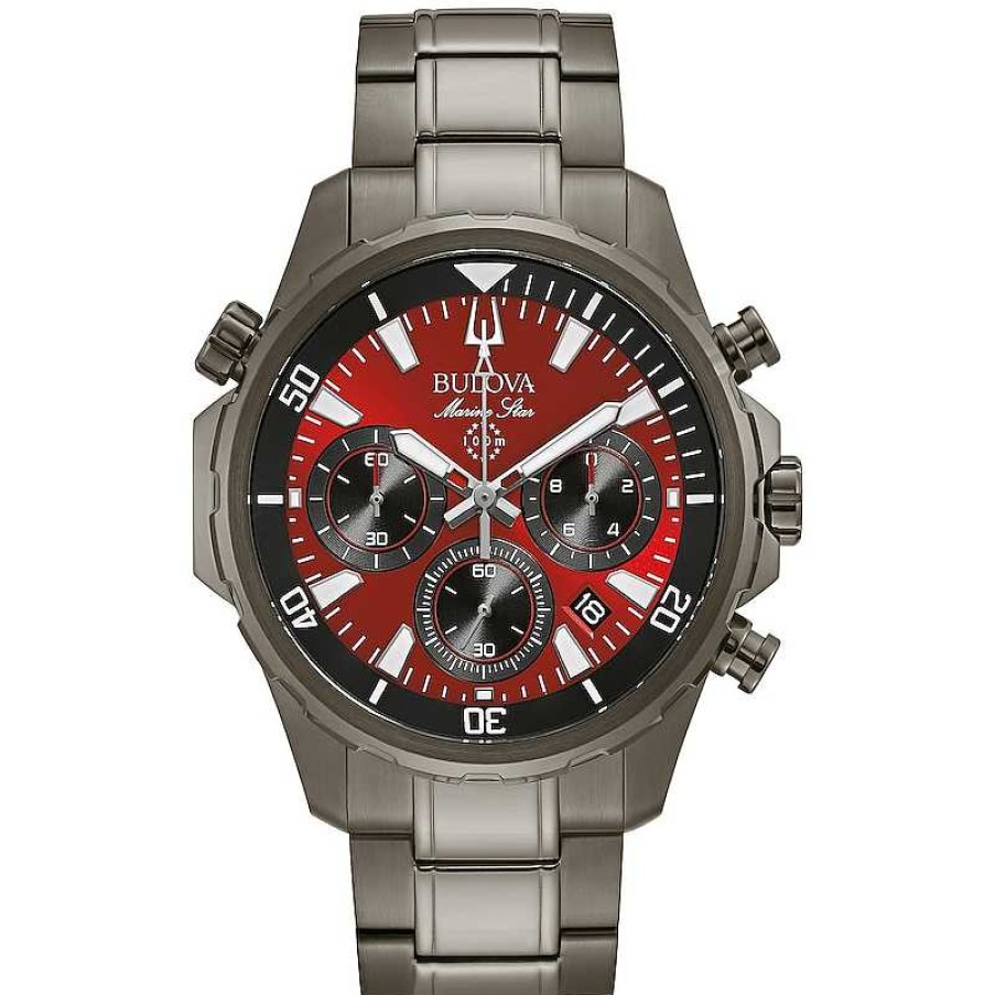 Bulova Men'S Bulova Marine Star Grey Ip Chronograph Watch With Red Dial (Model: 98B350) Watches