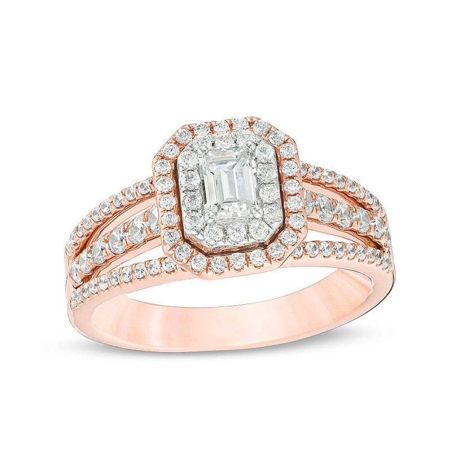 Zales Celebration Ideal 1 Ct. T.W. Emerald-Cut Diamond Double Frame Multi-Row Engagement Ring In 14K Two-Tone Gold (I/Si2) Rings