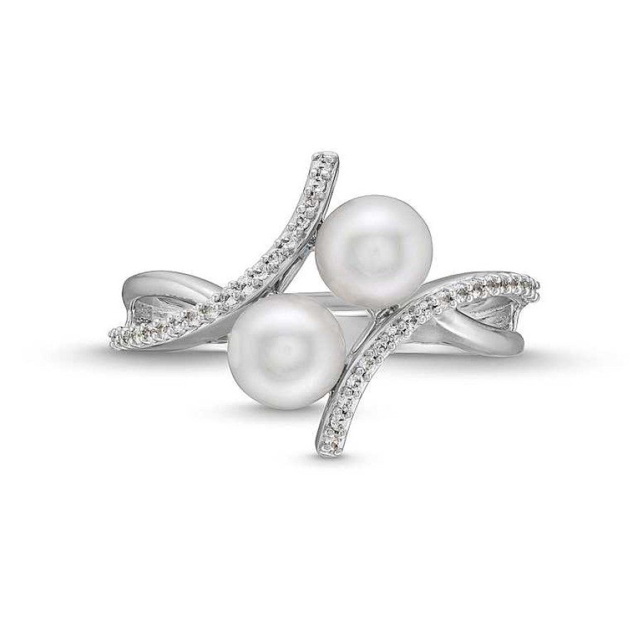 Zales 6.0Mm Cultured Freshwater Pearl And White Lab-Created Sapphire Duo Bypass Ring In Sterling Silver Rings