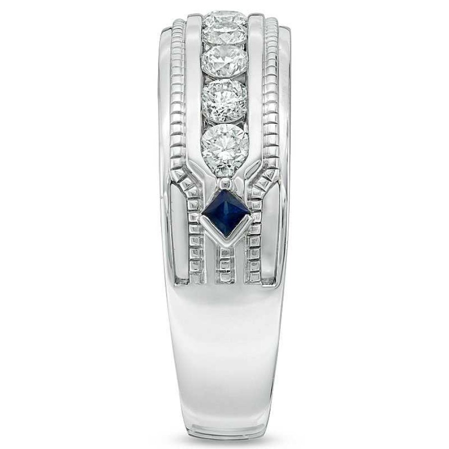 Zales Vera Wang Love Collection Men'S 1 Ct. T.W. Diamond And Blue Sapphire Wedding Band In 14K White Gold Rings