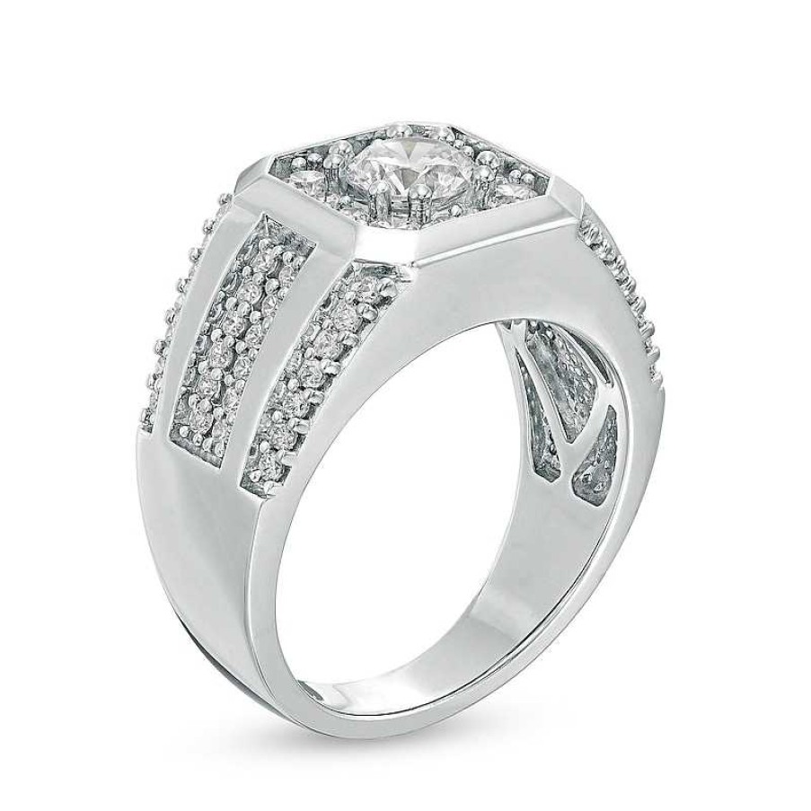 Zales Men'S 1-3/4 Ct. T.W. Certified Lab-Created Diamond Octagonal Frame Multi-Row Ring In 14K White Gold (F/Si2) Rings