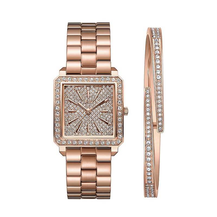 JBW Ladies' Jbw Cristal Square 1/8 Ct. T.W. Diamond And Crystal Accent 18K Rose Gp Watch And Bangle Set (Model: J6387-Setb) Watches