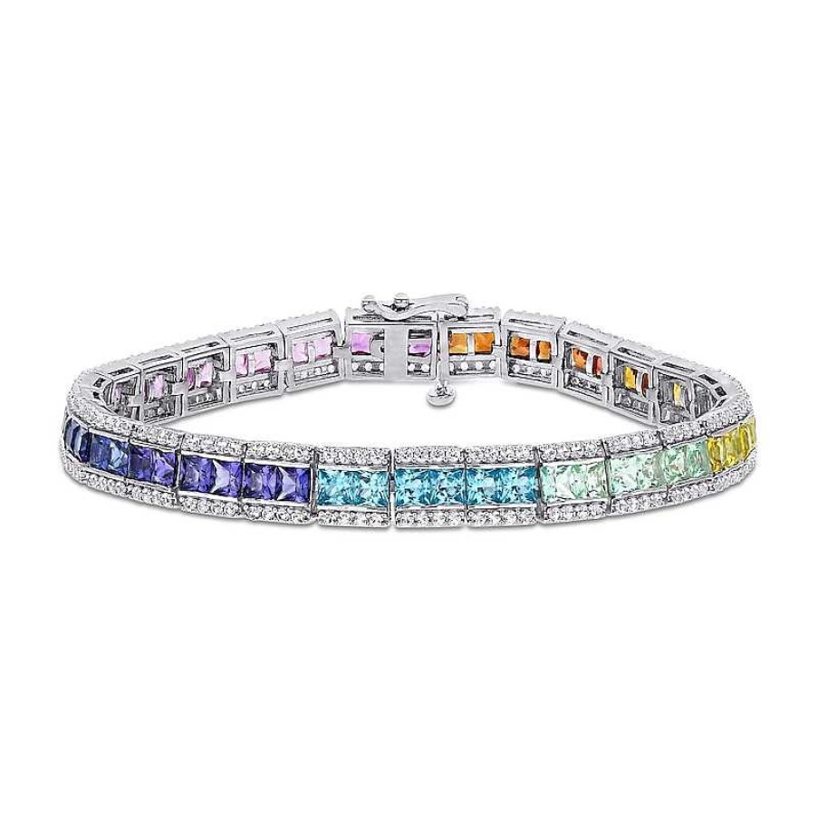 Zales 3.0Mm Princess-Cut Multi-Color Lab-Created Sapphire Rainbow Triple-Row Tennis Bracelet In Sterling Silver Bracelets