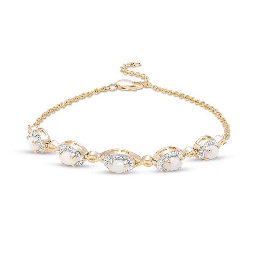 Zales Oval Opal And Diamond Accent Twist Five Stone Bracelet In 10K Gold 8.0" Bracelets