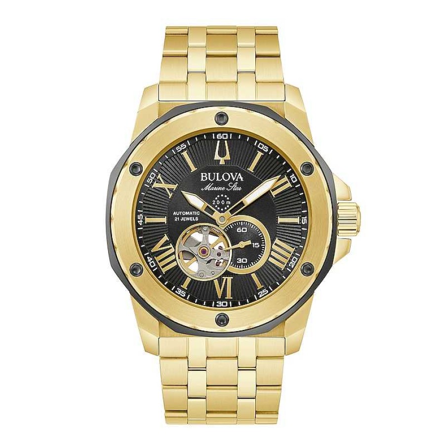 Bulova Men'S Exclusive Bulova Marine Star Two-Tone Watch With Black Skeleton Dial (Model: 98A273) Watches