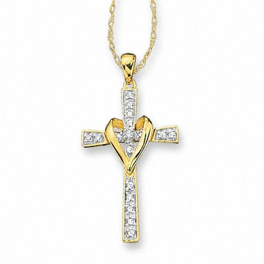 Zales 1/10 Ct. T.W. Diamond Cross And Heart Pendant In 10K Gold Necklaces