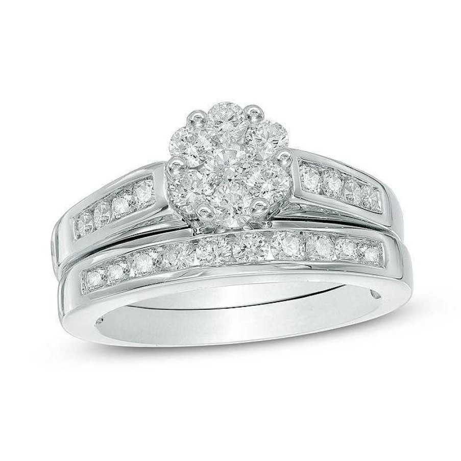 Zales 1 Ct. T.W. Multi-Diamond Flower Bridal Set In 10K White Gold Rings