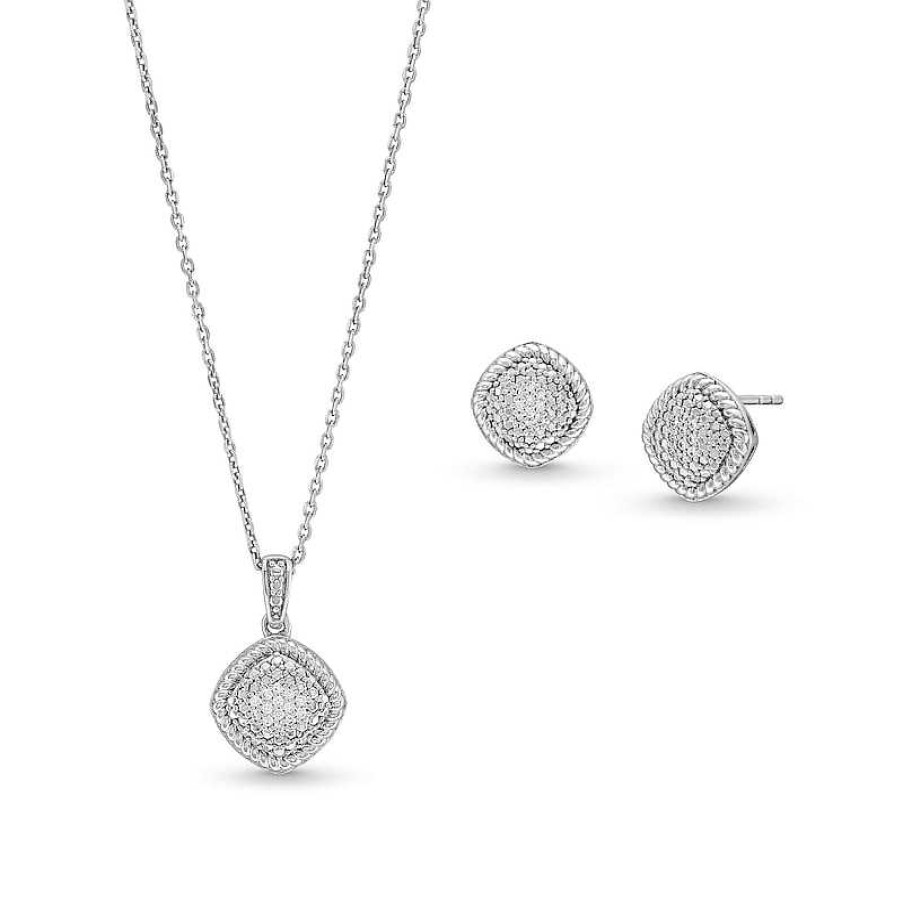 Zales 1/10 Ct. T.W. Cushion-Shaped Multi-Diamond Rope Frame Tilted Pendant And Stud Earrings Set In Sterling Silver Earrings