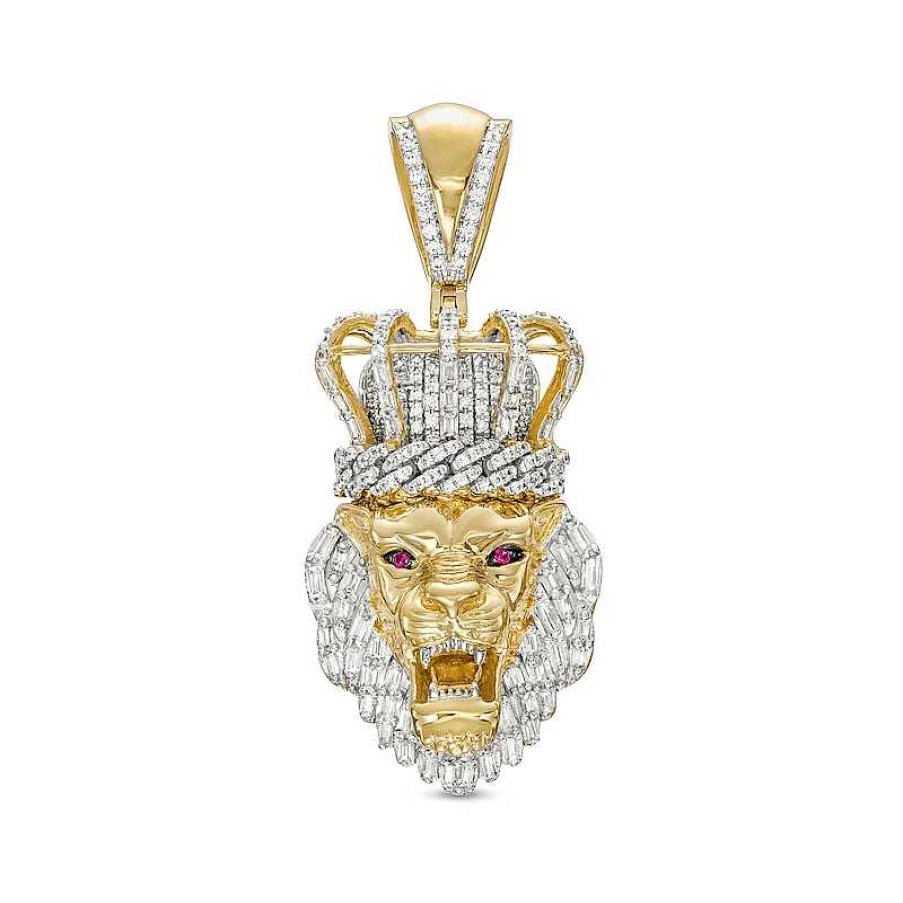 Zales Men'S 3/4 Ct. T.W. Diamond And Lab-Created Ruby Lion With Crown Charm In 10K Gold Necklaces