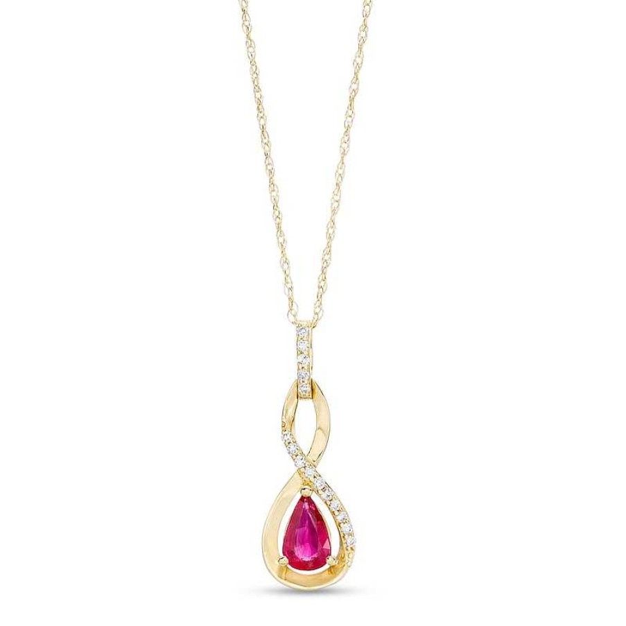 Zales Pear-Shaped Ruby And 1/20 Ct. T.W. Diamond Twist Pendant In 10K Gold Necklaces