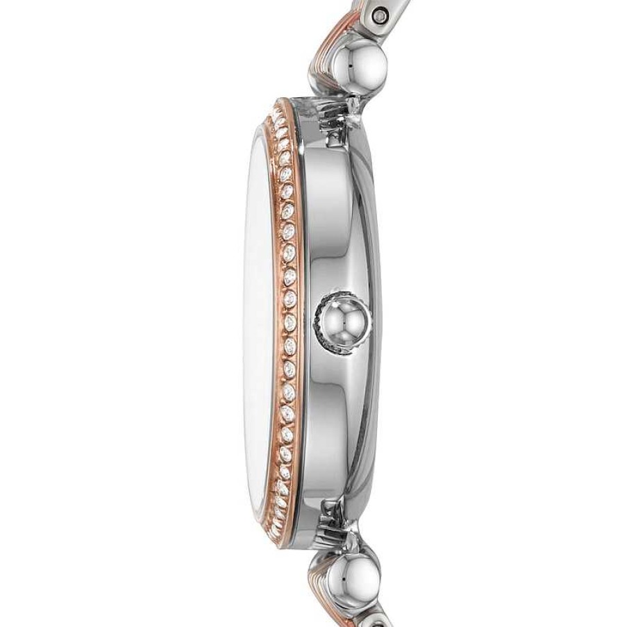 Fossil Ladies' Fossil Carlie Mini Crystal Accent Two-Tone Watch With Mother-Of-Pearl Dial (Model: Es4649) Watches