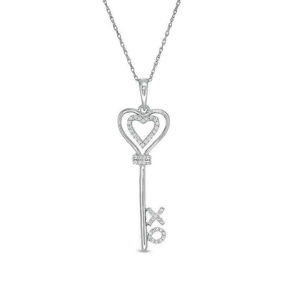 Zales 1/10 Ct. T.W. Diamond "Xo" Heart-Top Key Pendant In Sterling Silver Necklaces