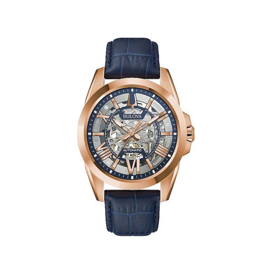 Bulova Men'S Bulova Sutton Automatic Rose-Tone Strap Watch With Two-Tone Skeleton Dial (Model: 97A161) Watches