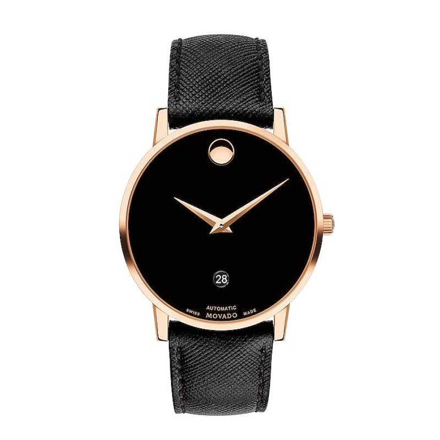 Movado Men'S Movado Museum® Classic Rose Gold-Tone Pvd Black Leather Strap Watch With Black Dial (Model: 0607474) Watches