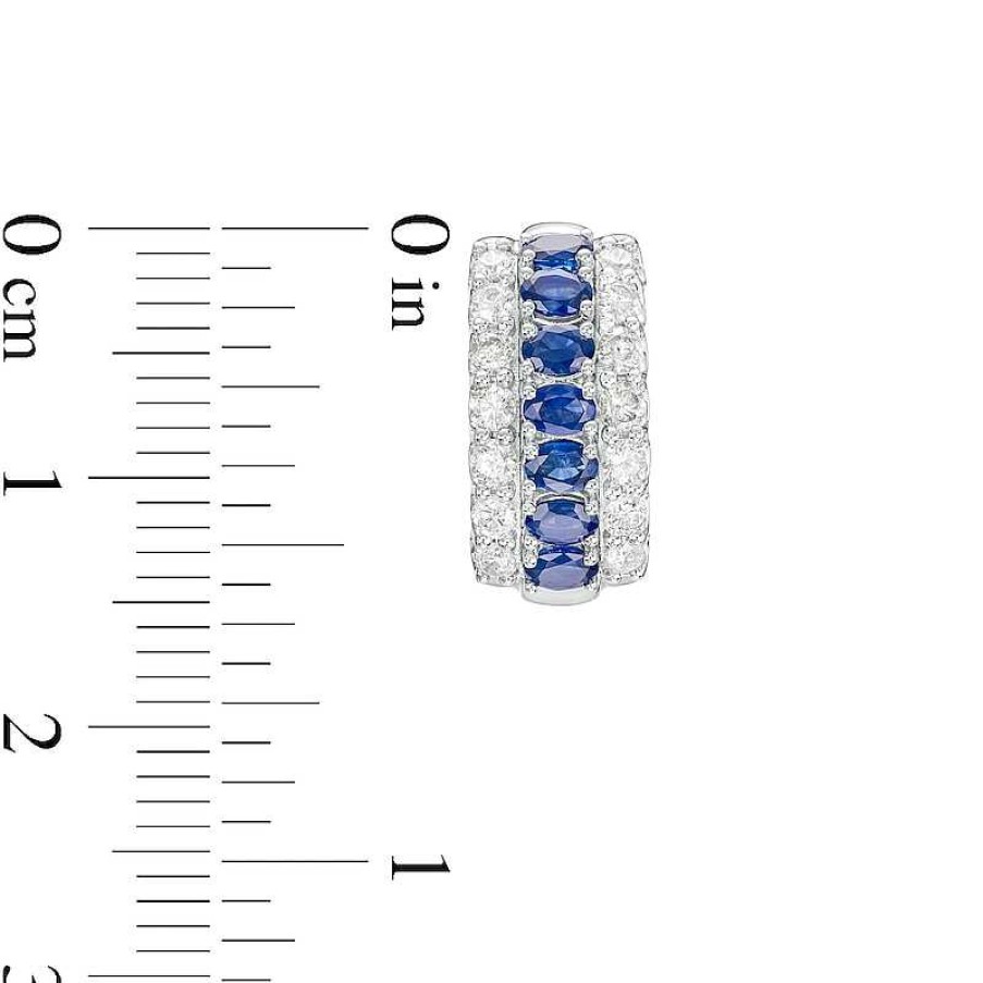 Zales Oval Blue Sapphire And 3/4 Ct. T.W. Diamond Triple Row Hoop Earrings In 10K White Gold Earrings